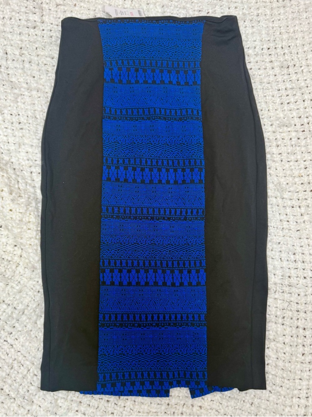 BCBGMaxAzria Black Skirt with Royal Blue Crochet Panel and Silver Zip